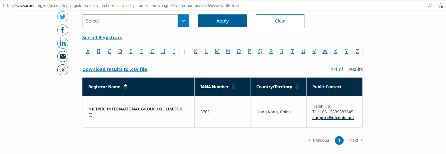 NiceNIC.NET-Registre accrédité par l'ICANN List Certificate fou Enregistrement de nom de domaine